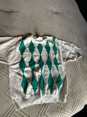Vintage Talbots Cream Sweater with Green Argyle Front